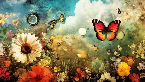 Butterflies drifting through a dreamy painted flower sky.