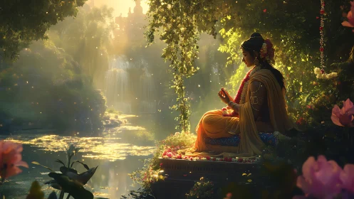 Divine woman meditating beside luminous forest waterfall.