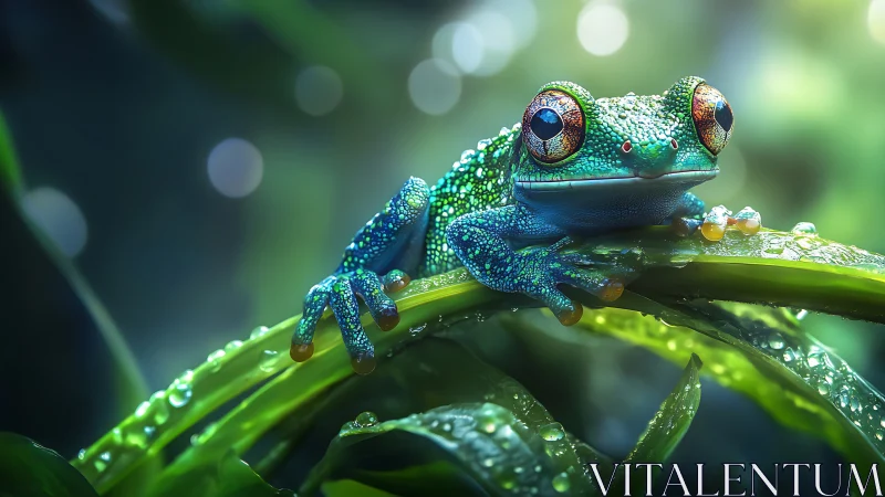 Curious jewel-toned tree frog resting on a dewy jungle leaf.