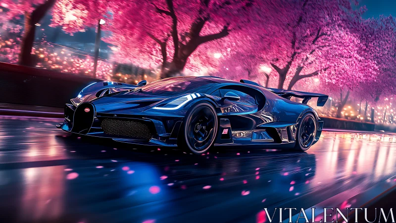 Midnight hypercar races under neon cherry blossoms.