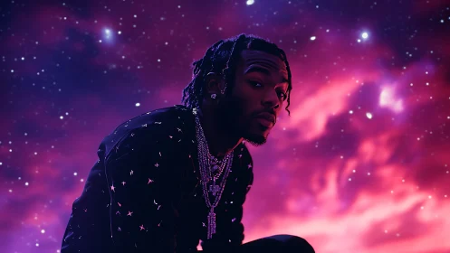 Portrait of person in starfield with magenta nebula sky.