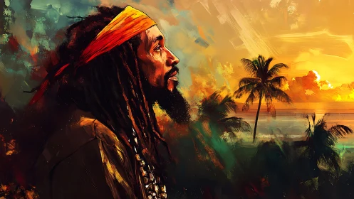 Profile portrait in painterly sunset Caribbean coastal scene