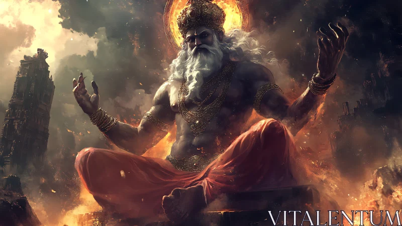 Mythic deity figure seated amid ruins and dense smoke.