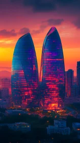 Futuristic twin glass towers under vivid sunset sky.
