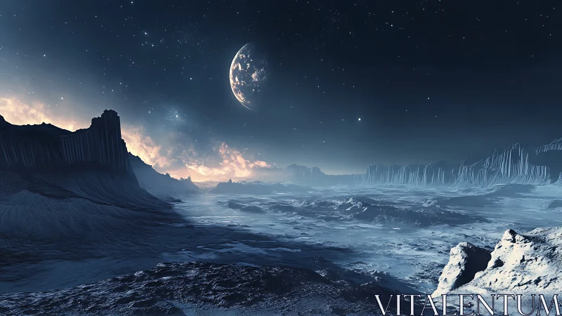 Frozen extraterrestrial plain under distant planet and stars.