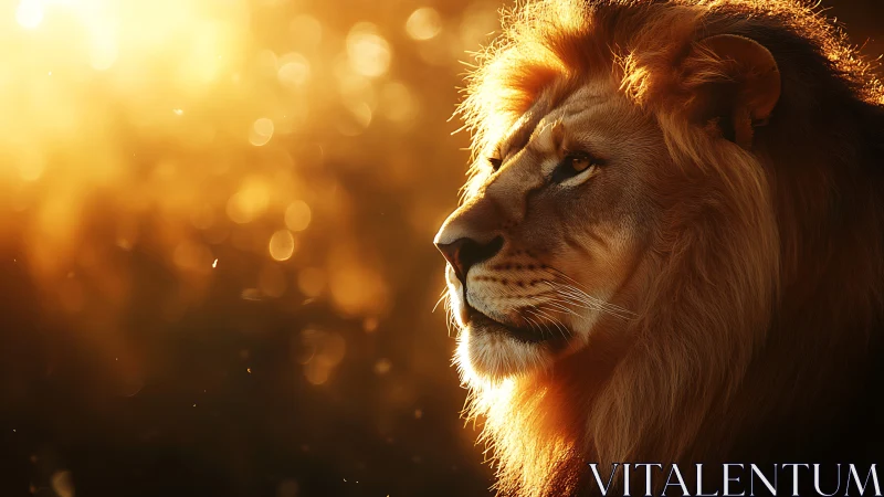 Sunlit lion monarch crowned by molten golden dusk light.