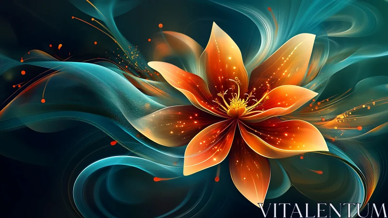 Luminous abstract flower blooms through swirling teal ribbons.