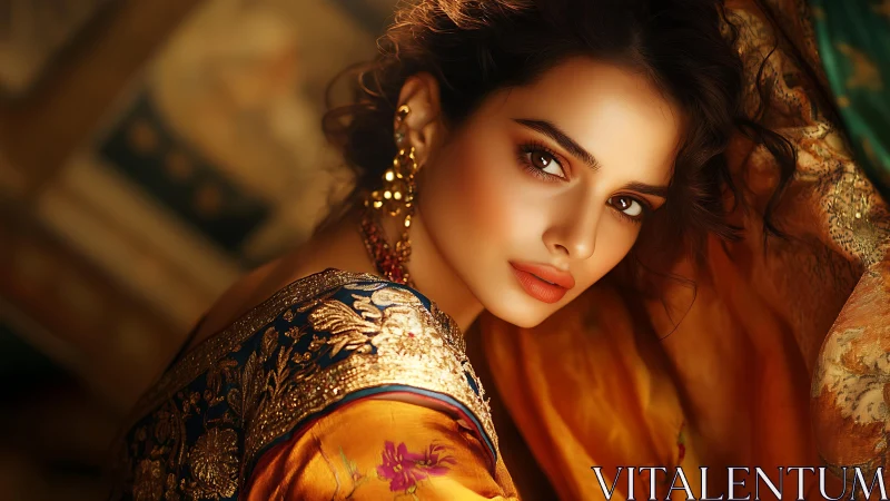 Cinematic portrait of woman in ornate embroidered sari fabrics