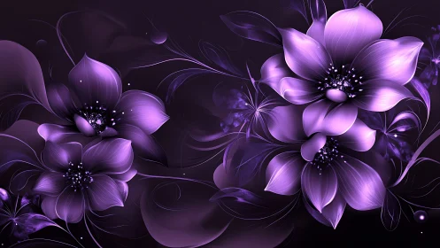 Digital Rendered Purple Flowers with Luminescent Petals and Reflective Surfaces