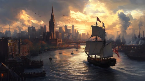 Tall ship sails through industrial city river at sunset