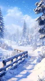 Snow covered bridge crossing bright winter forest trail.