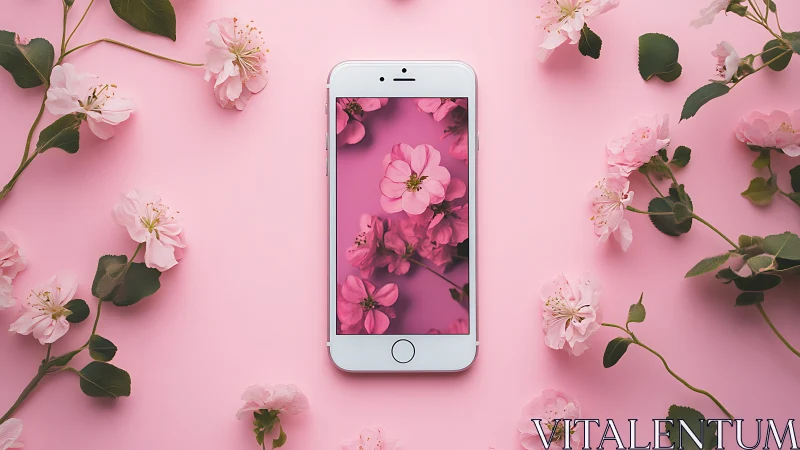 White smartphone displaying pink floral content on coordinated background