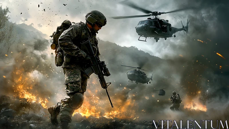 Armed infantry and helicopters in active combat landscape.