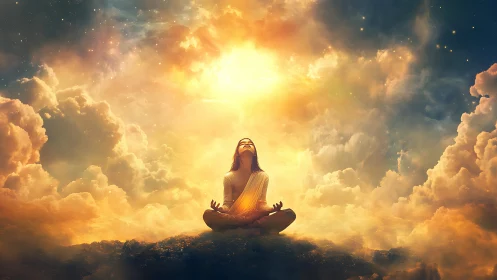 Sunlit sky meditation among clouds and quiet golden light.