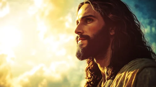 Bearded man in robes looks toward bright glowing sky.