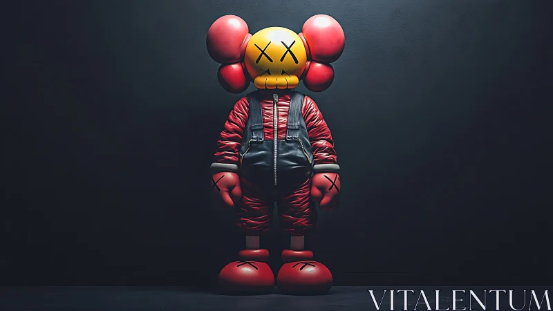 Pop toy astronaut stands brooding in inky gallery hush.