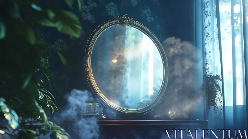 Gilded oval mirror in misty, botanical blue interior.