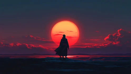 Lone wanderer greeting a blazing red horizon sunset.