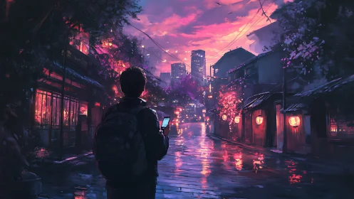 Twilight alleyway blooms in neon reflections and quiet wonder.
