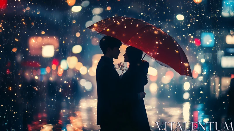 Rainy Night Silhouettes Under Umbrella. Romance in Urban Setting.