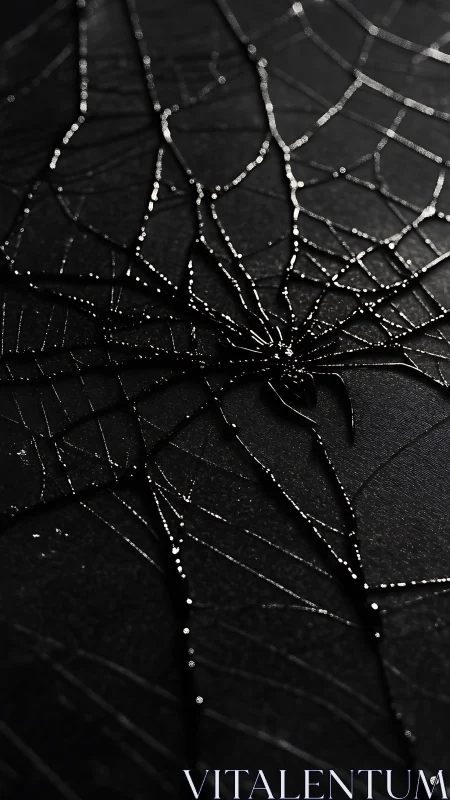 Macro spiderweb geometry in dramatic low key lighting.