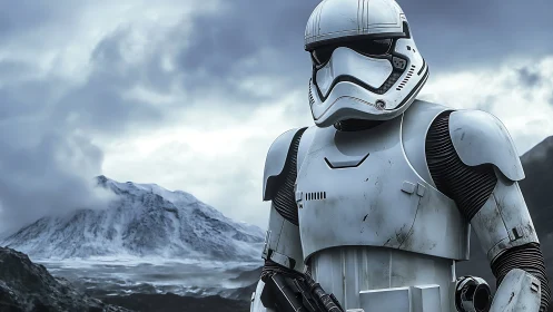 Armored sci-fi soldier patrols icy volcanic ridge. Period.