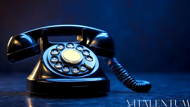 Vintage rotary phone glowing softly in midnight blue light.
