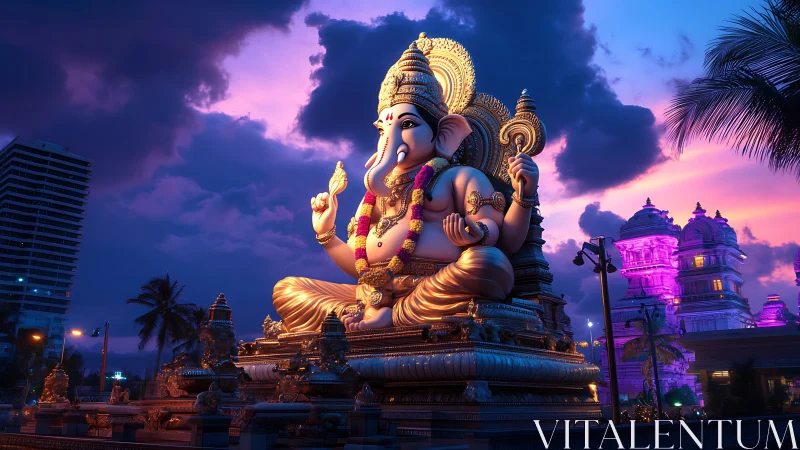 Golden Ganesha statue at dusk in illuminated temple complex.