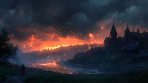 Infernal Kingdom at Dusk: Medieval Fortress Engulfed in Apocalyptic Fire.