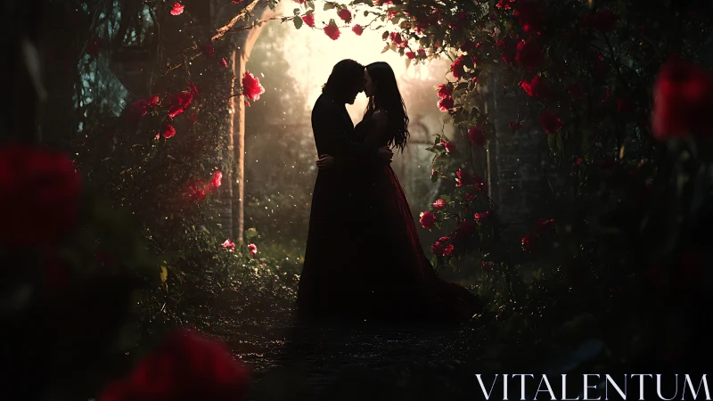 Silhouetted lovers kissing beneath glowing rose-framed archway.