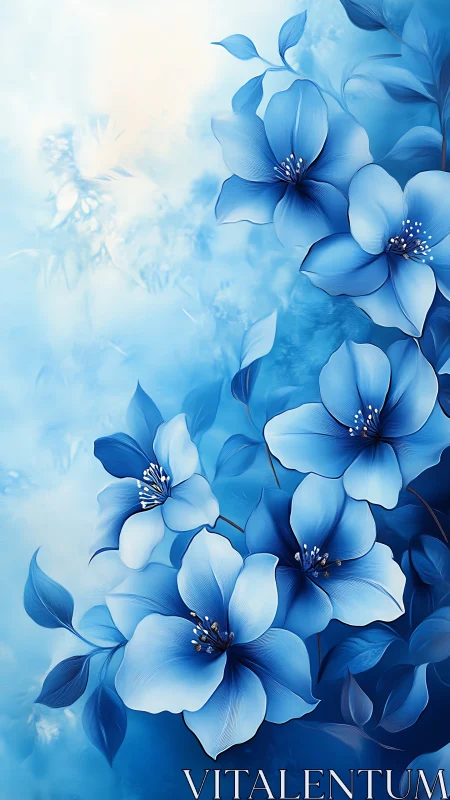 Blue flowers with five-petal blossoms rendered in graduated tonal fields