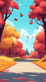 Autumn park path rendered with saturated foliage gradients and depth