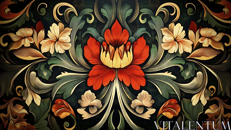 Ornate symmetrical floral motif in rich baroque arabesque style.