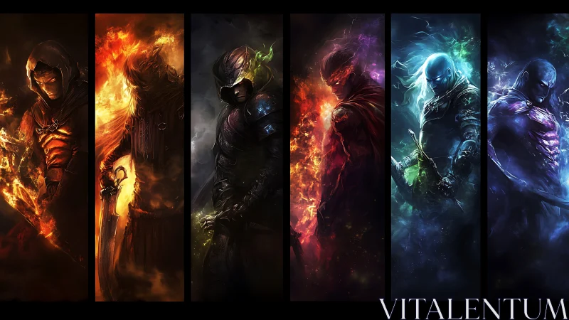 Elemental warriors stand in blazing, spectral battle columns