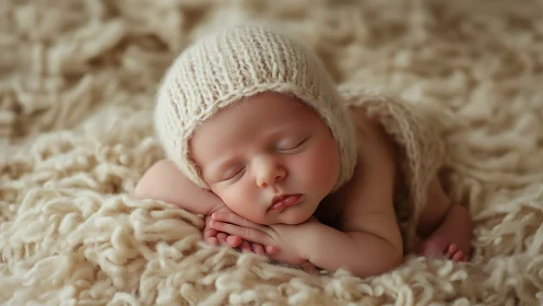 Sleeping Newborn in Cream Knit Hat on Textured Fabric Surface