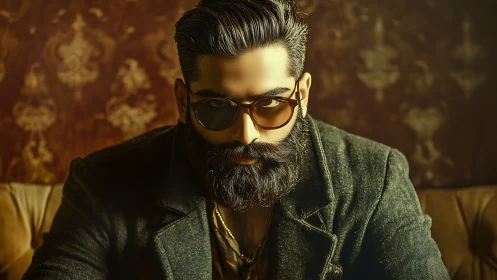Bearded man in sunglasses exudes cinematic, moody charisma