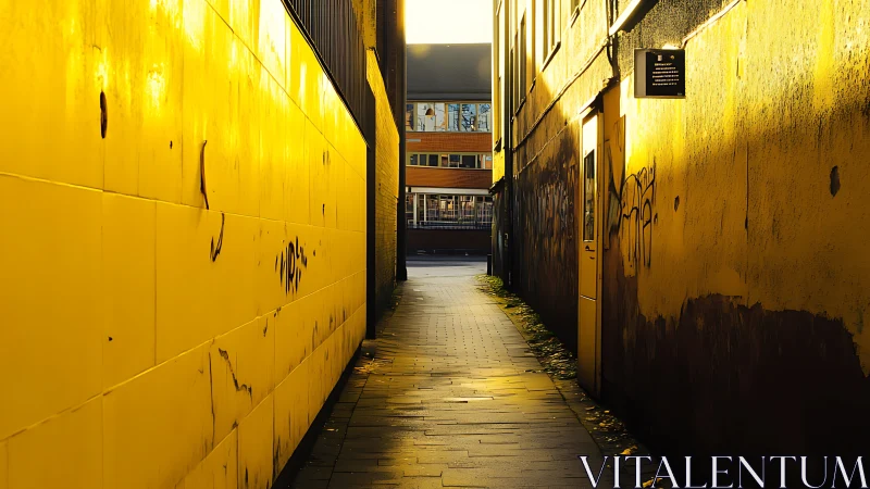 Golden alleyway corridor glowing toward distant daylight.