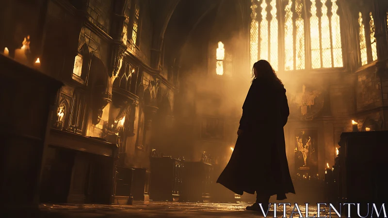 Cloaked figure in candlelit gothic hall with large windows.
