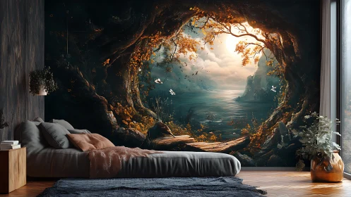 Bedroom with large fantasy forest lake mural wall art.