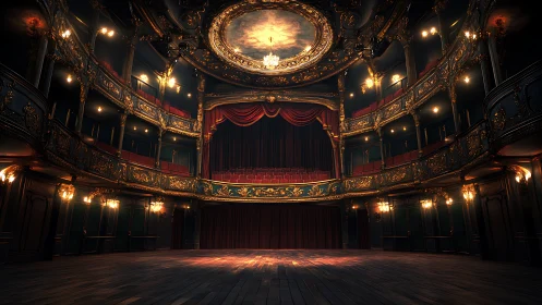 Ornate multi-tiered theater interior with closed stage curtain.