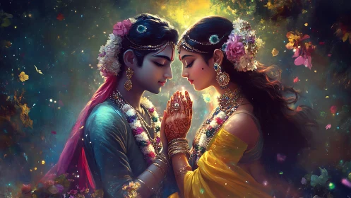 Two figures in ornamental attire with floral embellishments.