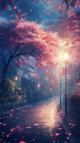 Quiet cherry blossom lane glowing in soft evening light.