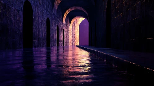 Stone corridor with reflective water and violet portal.