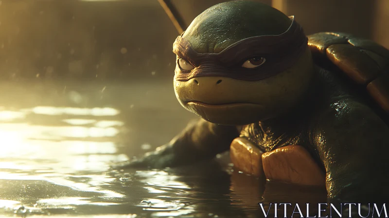 Armored mutant turtle warrior emerging from glowing water.