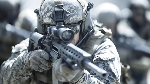 Tactical soldier aims rifle during high-intensity operation.