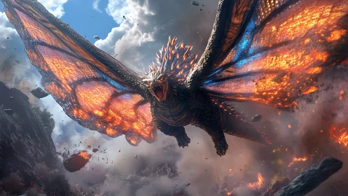 Volcanic dragon in mid-flight rendered with cinematic detail