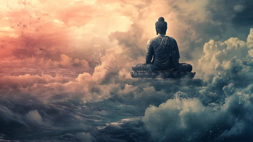 Digital painting of meditative statue above ethereal ocean clouds.