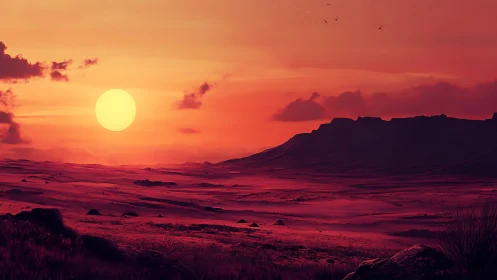 Red desert sunset over distant plateau and open plain.