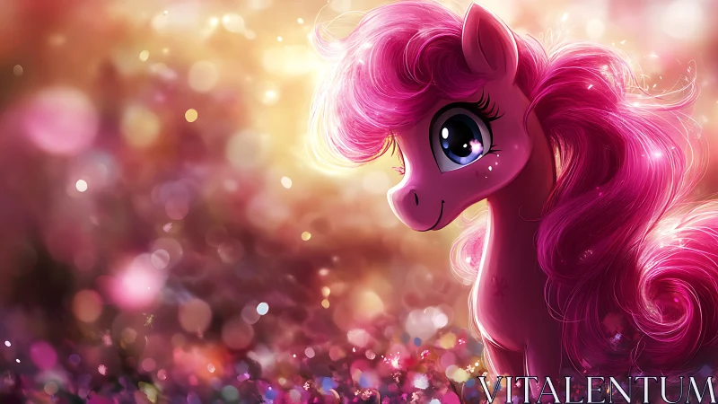 Glowing pink pony in dreamy bokeh fantasy meadowscape.