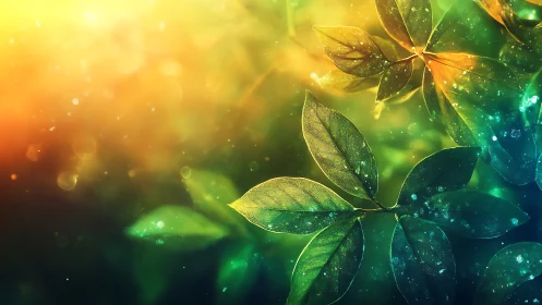 Backlit leaves glow through golden bokeh and teal haze